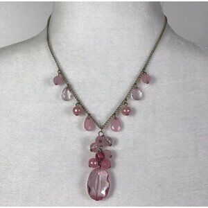 Silver Tone and Pink Acrylic Bead Faux Pearl Dangle Necklace Bling Formal
